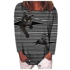 Womens Summer TopsWomens Long Sleeve Blouse 3D Cat Graphic Pullover Stripe Crewneck Tops Ladies Casual Tshirt