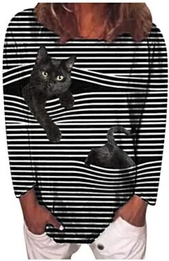 Womens Summer TopsWomens Long Sleeve Blouse 3D Cat Graphic Pullover Stripe Crewneck Tops Ladies Casual Tshirt -Safavieh Furniture 51o9QOOUf9L. AC