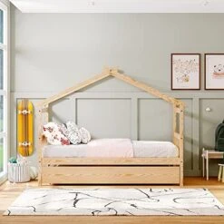 SOFTSEA Twin House Bed With Trundle Twin Platform Bed Frame With Roof For Boys And Girls -Safavieh Furniture 51oEdd4QzCL. AC