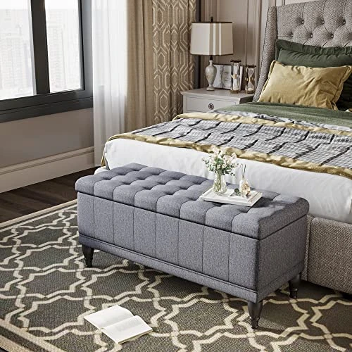 HOMCOM Large 42" Tufted Linen Fabric Ottoman Storage Bench With Soft Close Lid For Living Room, Entryway, Or Bedroom - Dark Heather Grey 2 HOMCOM Large 42" Tufted Linen Fabric Ottoman Storage Bench With Soft Close Lid For Living Room, Entryway, Or Bedroom - Dark Heather Grey - Image 2