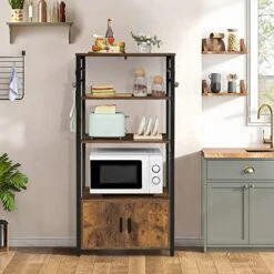 Iwell Kitchen Baker's Rack, Microwave Stand, Coffee Bar With Storage Cabinet& 8 S-Hooks, 4 Tier Free Standing Stand For Dining Room, Living Room, Vintage Brown
