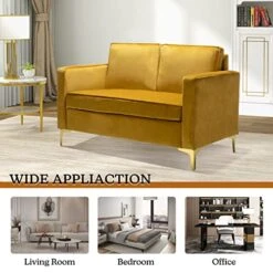 HULALA HOME Modern Velvet Loveseat Sofa With Gold Legs, Comfy Upholstered Small Love Seat Couch With Removable Cushions, 2-Seater Sofa For Living Room Bedroom, Mustard -Safavieh Furniture 51opZjvS3lL