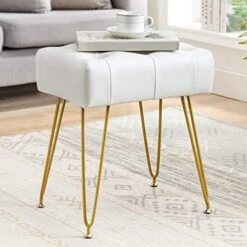 LUE BONA Faux Leather Rectangle Vanity Stool, Vanity Chair For Makeup Room, White Rivet Ottoman Foot Rest Entryway Bench With Black Legs For Bedroom Living Room -Safavieh Furniture 51orYoXO2HL. AC
