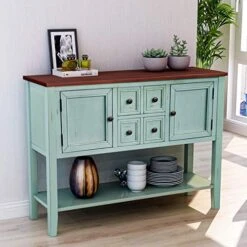 P PURLOVE Console Table Buffet Table With Storage Drawers Cabinets And Bottom Shelf (Antique Blue)