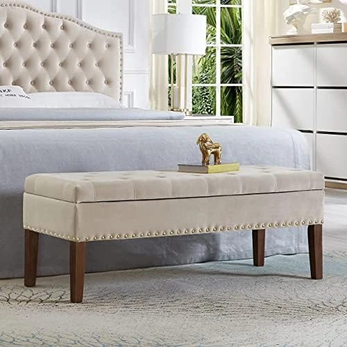 24KF Large Round Upholstered Tufted Linen Ottoman Coffee Table, Large Footrest Ottoman With Wood Shelf Storage- Navy Blue 10 24KF Large Round Upholstered Tufted Linen Ottoman Coffee Table, Large Footrest Ottoman With Wood Shelf Storage- Navy Blue - Image 10