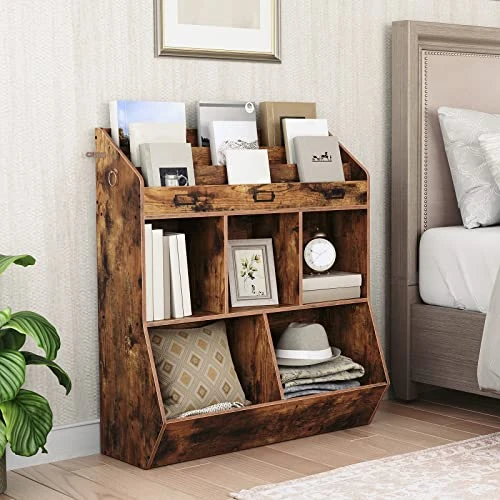 HOOBRO Kids Bookshelf, Toy Organizers And Storage, Bookshelf For Kids, 5 Compartments And 3-Layer Shelves, Bookcase Footboard, For Game Room, Playroom, Nursery, School, Rustic Brown FG34CW01 1 HOOBRO Kids Bookshelf, Toy Organizers And Storage, Bookshelf For Kids, 5 Compartments And 3-Layer Shelves, Bookcase Footboard, For Game Room, Playroom, Nursery, School, Rustic Brown FG34CW01