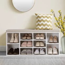 Sophia & William Shoe Bench With Cushion And 8 Compartments, Entryway Storage Bench Freestanding Shoe Cabinet Rack With Adjustable Shelves, Total Load Capacity: 400 Lbs (Top 200 Lbs), White