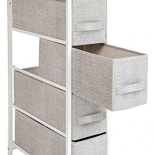 Flash Furniture Harris 4 Drawer Slim Wood Top White Cast Iron Frame Dresser Storage Tower With Light Gray Easy Pull Fabric Drawers 5 Flash Furniture Harris 4 Drawer Slim Wood Top White Cast Iron Frame Dresser Storage Tower With Light Gray Easy Pull Fabric Drawers - Image 5
