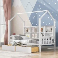 Full House Beds With Storage Drawers For Kids Montessori Bed Wood Playhouse Tent Bed Frame With 4 Drawers And Ladder For Children Girls Boys Teens Junior, Full Size, White -Safavieh Furniture 51pJJUWsLhL. AC