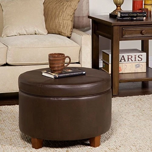 HomePop Round Leatherette Storage Ottoman With Lid, Chocolate Brown Large 2 HomePop Round Leatherette Storage Ottoman With Lid, Chocolate Brown Large - Image 2