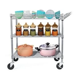 WDT Heavy Duty 3 Tier Rolling Utility Cart, Kitchen Cart On Wheels Metal Serving Cart Commercial Grade With Wire Shelving Liners And Handle Bar For Kitchen Office Hardware