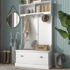 TABTAG Entryway Bench With Shoe Cabinet,Hall Tree With Bench And Coat Hooks,3-in-1 Design Storage Bench,Modern Coat Hanger For Livingroom,Hallway,Entrance,Maximum Weight Capacity Of 200lbs -Safavieh Furniture 51pPjralpFL