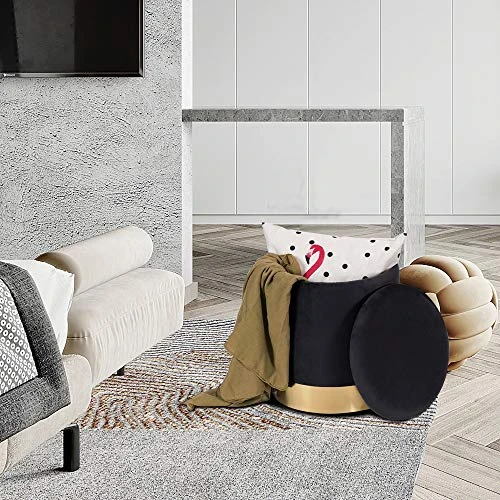 DEERUN Round Velvet Storage Ottoman Foot Rest Stool/Upholstered Footstool With Gold Plating Base,Pack Of 2 (Black) 5 DEERUN Round Velvet Storage Ottoman Foot Rest Stool/Upholstered Footstool With Gold Plating Base,Pack Of 2 (Black) - Image 5