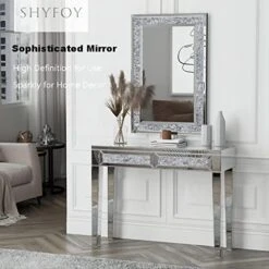 SHYFOY Crystal Mirrors For Wall Decor 35.4"X23.6" Decorative Wall Mirror Rectangle Silver Sparkly Crush Diamond Hanging Wall-Mounted Mirror For Living Room Stunning Home Décor Modern Glass Art -Safavieh Furniture 51pUKEHk8OL