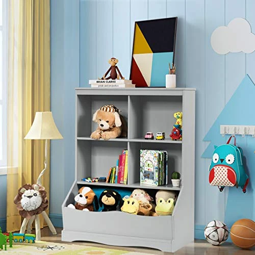 HONEY JOY Kids Toy Storage Organizer With Bookcase, 4-Cubby Organization Storage Cabinet W/Display Shelf, Wooden Toy Storage Unit For Playroom, Nursery Daycare(Gray) 6 HONEY JOY Kids Toy Storage Organizer With Bookcase, 4-Cubby Organization Storage Cabinet W/Display Shelf, Wooden Toy Storage Unit For Playroom, Nursery Daycare(Gray) - Image 6