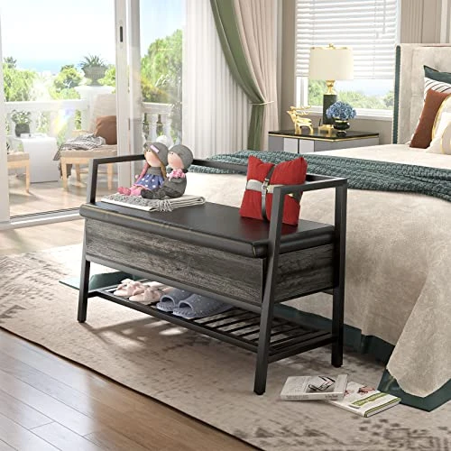 Homieasy Storage Shoe Bench With Padded Seat, Entryway Bench With Lift Top Storage Box, Industrial Shoe Rack Bench PU Leather Cushion Holds Up To 250 LB For Entryway Bedroom Hallway, Black Oak 6 Homieasy Storage Shoe Bench With Padded Seat, Entryway Bench With Lift Top Storage Box, Industrial Shoe Rack Bench PU Leather Cushion Holds Up To 250 LB For Entryway Bedroom Hallway, Black Oak - Image 6