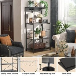 Topfurny Baker‘s Rack With Power Outlet, Microwave Stand Kitchen Storage Shelf, Kitchen Organizer Rack With 5 Hooks, Industrial Coffee Bar Table For Kitchens With Storage, Black -Safavieh Furniture 51pgAWlnqhL