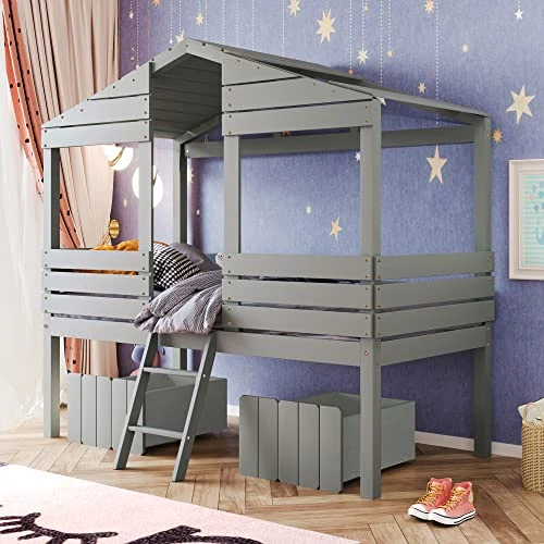 BIADNBZ Kids Low Loft Twin Size Wood House Beds Frame With 2 Drawers Windows And Roof For Boys Girls Teens, Space-Saving, Gray 1 BIADNBZ Kids Low Loft Twin Size Wood House Beds Frame With 2 Drawers Windows And Roof For Boys Girls Teens, Space-Saving, Gray