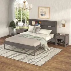 Antique Gray 3 Pieces Furniture Size Bedroom Frame With USB Charging And Wood Slatt, Dresser, Night Stand, Easy Assemble, Bed Set-Queen -Safavieh Furniture 51pm9vZdzRL. AC