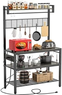 Bakers Rack With Power Outlet, 4-Tier Microwave Oven Stand, Coffee Bar Station With 10 Hooks, Large Kitchen Storage Shelf With Hutch, Rustic Brown -Safavieh Furniture 51puCvx02ML. AC