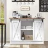 Farmhouse Coffee Bar Cabinet, 42’’ Kitchen Buffet Sideboard Cabinet With Storage, White Coffee Bar Buffet Cabinet With Sliding Barn Door, Coffee Bar Table With Adjustable Shelf For Living Dining Room