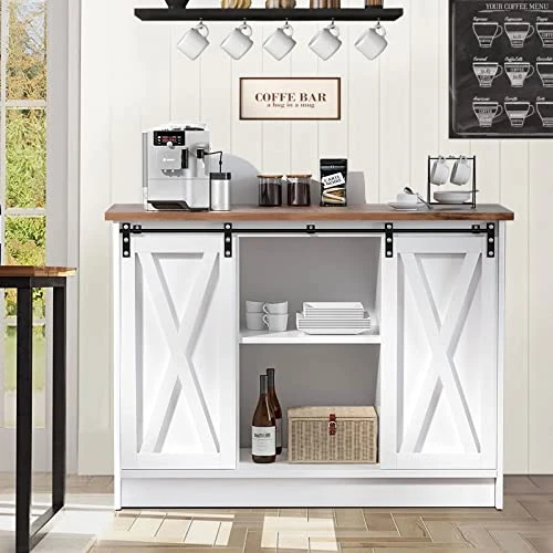 Farmhouse Coffee Bar Cabinet, 42’’ Kitchen Buffet Sideboard Cabinet With Storage, White Coffee Bar Buffet Cabinet With Sliding Barn Door, Coffee Bar Table With Adjustable Shelf For Living Dining Room 1 Farmhouse Coffee Bar Cabinet, 42’’ Kitchen Buffet Sideboard Cabinet With Storage, White Coffee Bar Buffet Cabinet With Sliding Barn Door, Coffee Bar Table With Adjustable Shelf For Living Dining Room