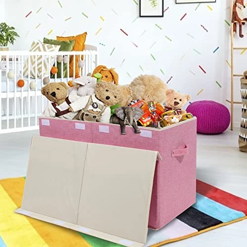 Popoly Large Toy Box Chest Storage With Flip-Top Lid, Collapsible Kids Storage Boxes Container Bins For Childrens Toys, Playroom Organizers, 25"x13" X16" (Linen Pink) 2 Popoly Large Toy Box Chest Storage With Flip-Top Lid, Collapsible Kids Storage Boxes Container Bins For Childrens Toys, Playroom Organizers, 25"x13" X16" (Linen Pink) - Image 2