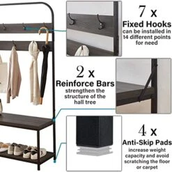 IBF Coat Rack With Shoe Bench, 3-In-1 Hall Tree With Storage Bench For Entryway, Industrial Metal And Wood Coat Tree With Shelf And Hanging Hook, Dark Gray Oak, 40.0" W X 16.5" D X 70.0" H -Safavieh Furniture 51qK7fKa89L
