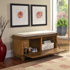 Home Styles Arts And Crafts Cottage Oak Upholstered Bench With Removable Cushion, Dual Drop-down Storage Doors, Framed Doors With Raised Wood, Ash Solids And Veneers Construction, And Black Matte Pulls -Safavieh Furniture 51qTbpcDyjL