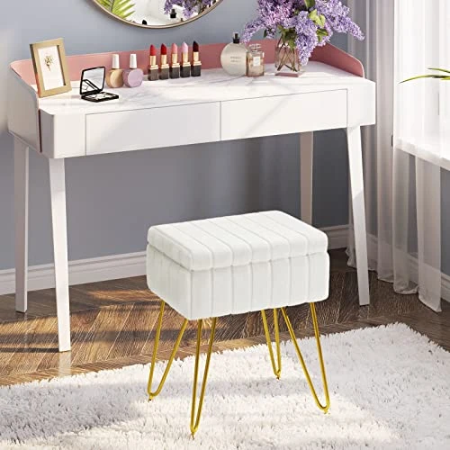 Greenstell Vanity Stool Chair Faux Fur With Storage, 15.7"L X 11.8"W X 19.4"H Soft Ottoman 4 Metal Legs With Anti-Slip Feet, Furry Padded Seat, Modern Multifunctional Chairs For Makeup, Bedroom White 2 Greenstell Vanity Stool Chair Faux Fur With Storage, 15.7"L X 11.8"W X 19.4"H Soft Ottoman 4 Metal Legs With Anti-Slip Feet, Furry Padded Seat, Modern Multifunctional Chairs For Makeup, Bedroom White - Image 2