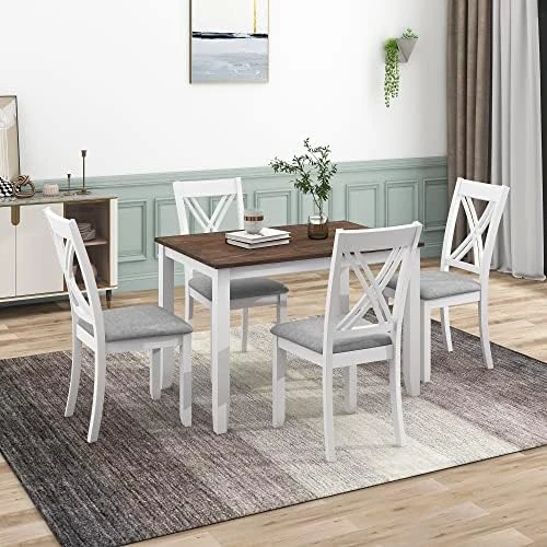 Merax Farmhouse Dining Table Set With Upholstered 2 X-Back Chairs And Bench For 4, Home Kitchen Wooden Furniture, Brown+Beige 13 Merax Farmhouse Dining Table Set With Upholstered 2 X-Back Chairs And Bench For 4, Home Kitchen Wooden Furniture, Brown+Beige - Image 13