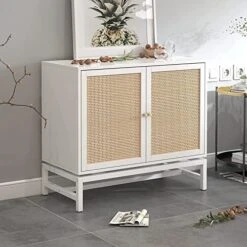 Pvillez Modern Storage Cabinet With Natural Rattan Doors, Sideboard Buffet Cabinet With Storage, Adjustable Shelves, Rattan Cabinet Console Table For Living Room, Dining Room, Entryway, White -Safavieh Furniture 51qYj54LitL. AC