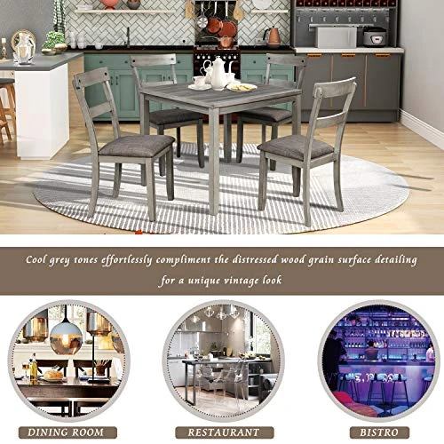 5 Piece Dining Table Set, Wooden Kitchen Dining Table Set With Square Table And 4 Upholstered Chairs For Kitchen, Dining Room, Family And Apartment (Light Gray+4 Person) 4 5 Piece Dining Table Set, Wooden Kitchen Dining Table Set With Square Table And 4 Upholstered Chairs For Kitchen, Dining Room, Family And Apartment (Light Gray+4 Person) - Image 4
