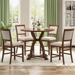 RUNWON Farmhouse 5-Piece Round Table Set With Trestle Legs And 4 Upholstered Dining Chairs-Rustic Furniture, Gray -Safavieh Furniture 51qaxalhz9L. AC 1
