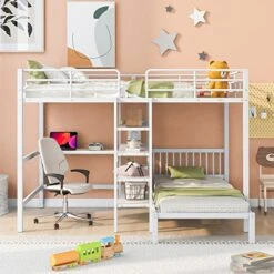 GAOWEI Bunk Bed With Desk,Full Over Twin Metal Bunk Bed With Built-in Desk, Shelves And Ladder,bunk Bed With Desk,Twin Over Full Bunk Bed,Twin Over Full Bunk Beds (White) -Safavieh Furniture 51qdfMCjiTL