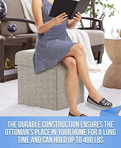 Ornavo Home Foldable Tufted Linen Storage Ottoman Square Cube Foot Rest Stool/Seat - 15" X 15" X 15" (Beige) 6 Ornavo Home Foldable Tufted Linen Storage Ottoman Square Cube Foot Rest Stool/Seat - 15" X 15" X 15" (Beige) - Image 6