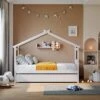 SOFTSEA Twin House Bed With Trundle Twin Platform Bed Frame With Roof For Boys And Girls