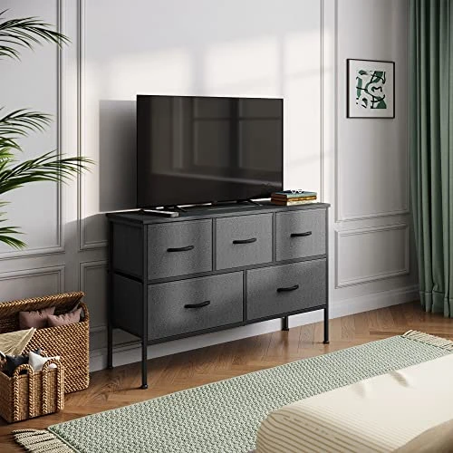 LINSY HOME 5 Drawer Dresser Long Wide Chest Of Drawers Nightstand With Wood Top Rustic Storage Tower Storage Dresser Closet For Living Room, Bedroom, Hallway, Nursery, Kid 6 LINSY HOME 5 Drawer Dresser Long Wide Chest Of Drawers Nightstand With Wood Top Rustic Storage Tower Storage Dresser Closet For Living Room, Bedroom, Hallway, Nursery, Kid - Image 6