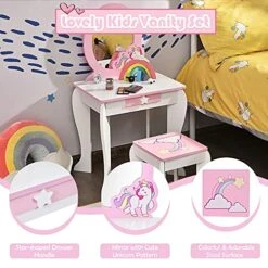 HONEY JOY Kids Vanity Set With Mirror, Wooden Princess Makeup Table And Stool Set, Detachable Mirror & Storage Drawer, Pretend Play Toddler Girl Vanity, Vanity For Little Girls (Unicorn White) -Safavieh Furniture 51r5vIBPWuL