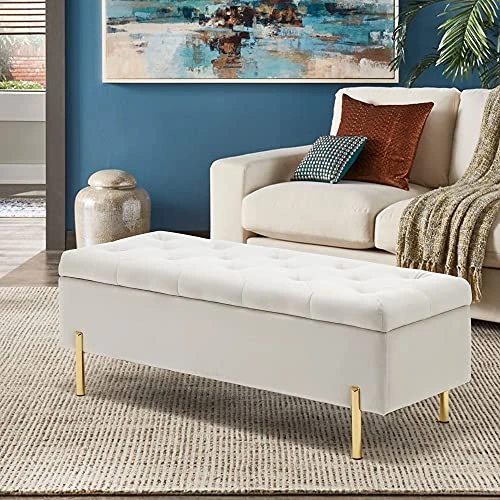 Apeaka Storage Bench Velvet Upholstered Tufted Settee Bench For Bedroom Living Room Entryway Rectangular Ottoman Bench Ivory 2 Apeaka Storage Bench Velvet Upholstered Tufted Settee Bench For Bedroom Living Room Entryway Rectangular Ottoman Bench Ivory - Image 2