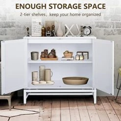 AWQM Sideboard Buffet Cabinet, Accent Storage Cabinet With 2 Rattan Doors, Farmhouse Accent Side Cabinet With Adjustable Shelves,Natural Wood Sideboard Entryway Table For Bar, Dining Room,White -Safavieh Furniture 51rCPU2ASPL