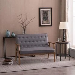 Bonnlo Mid-Century Sofa Couch For 2,Wooden Loveseat Sofa Modern Upholstered Loveseat Sofa Living Room 2-Seater Lounge Accent Chair, Fabric Grey -Safavieh Furniture 51rHYraXnL. AC