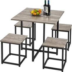 Yaheetech 5-Piece Dining Table Set - Industrial Kitchen Table & Chairs Sets For 4 - Compact Table With 4 Stools & Space-Saving Design For Apartment, Small Space, Breakfast Nook, Gray