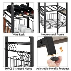 Topeakmart Industrial Kitchen Baker's Rack With Power Outlet, Utility Storage Shelf Unit With Wire Basket And Wine Storage, Coffee Bar Table Organizer With 10 Hooks, Gray -Safavieh Furniture 51rVcocZ8sL