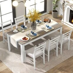Harper & Bright Designs 7-Piece Wooden Dining Table Set, Extendable Dining Table With 12” Leaf & 2 Drawers,Dining Table With 6 Chairs, Mutifunctional Kitchen Table And Chairs For 6,Brown + White