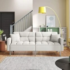 Merax Linen Upholstered Modern Convertible Folding Futon Sofa Bed With 2 Pillows And Metal Frame, For Compact Living Space, Apartment, Dorm, Orange -Safavieh Furniture 51rYdPhWLjL. AC