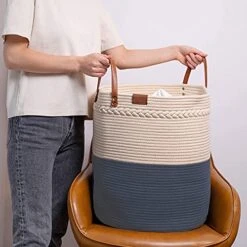 CML Colton Michael Living Premium Cotton Rope Basket Laundry, Toys, Blankets, Clothes, Hamper,Cream And Grey,20inh X 15inw -Safavieh Furniture 51raPNjkfUL