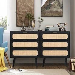 2 Sets Of Rattan Nightstand Dresser Chest Of 3 Drawers, Wood Storage Dresser Cabinet Organizer Unit For Bedroom Living Room Closet Office(Black)