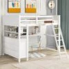 Harper & Bright Designs Full Loft Bed With Desk And 3 Drawers, Solid Wood Full Size Loft Bed Frame With 2 Tier Shelves And Angled Ladder For Kids Teens Boys Girls, No Box Spring Needed (White)