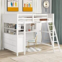 Harper & Bright Designs Full Loft Bed With Desk And 3 Drawers, Solid Wood Full Size Loft Bed Frame With 2 Tier Shelves And Angled Ladder For Kids Teens Boys Girls, No Box Spring Needed (White) -Safavieh Furniture 51rkHU3aoZL. AC